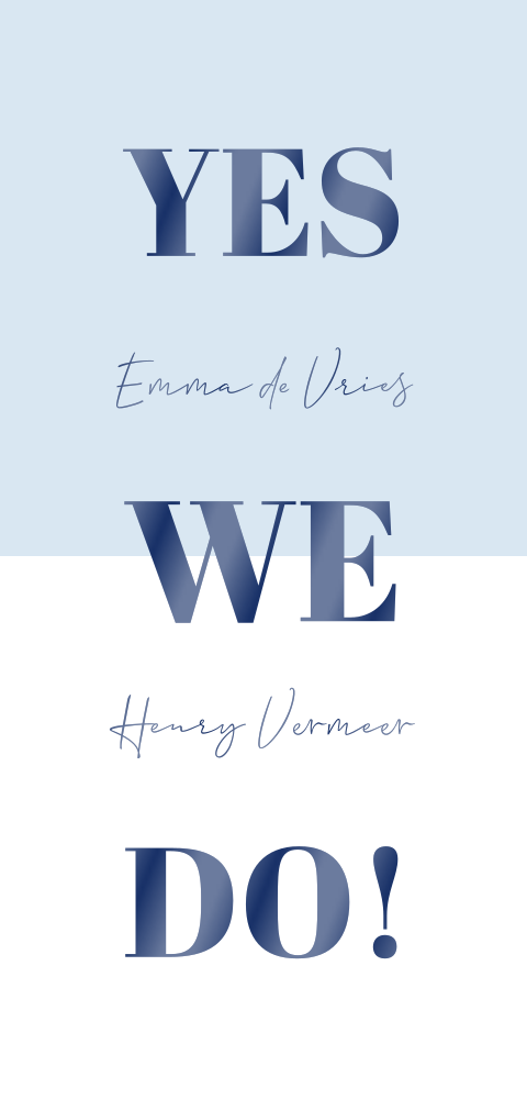 Blauwe trouwkaart met yes we do in hoogglans