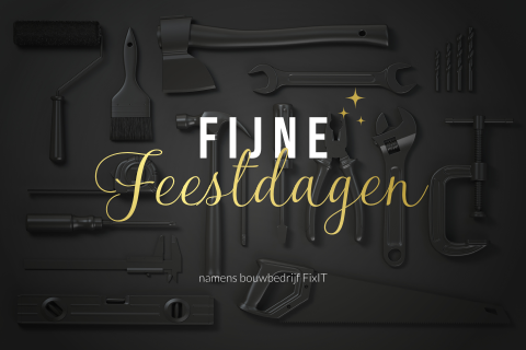 Zwarte kerstkaart met divers gereedschap en goudfolie