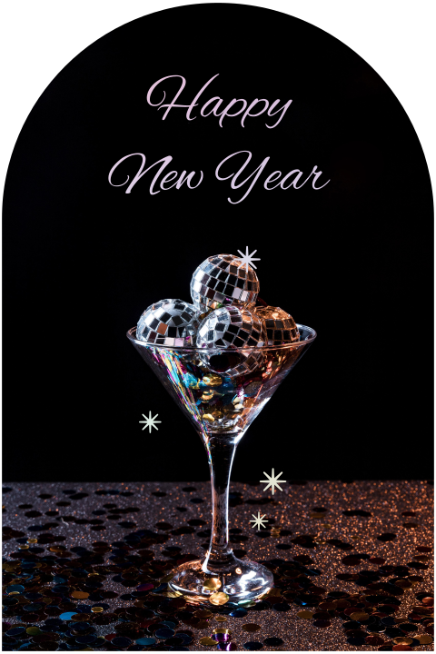 Nieuwjaarskaart met discobal in cocktailglas en regenboogfolie