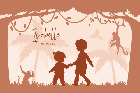 Jungle geboortekaartje in terra met silhouet zusje en broer