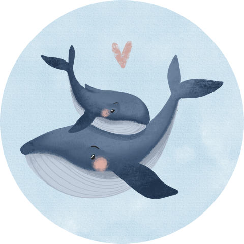 Blauwe sluitsticker met walvis en baby walvis