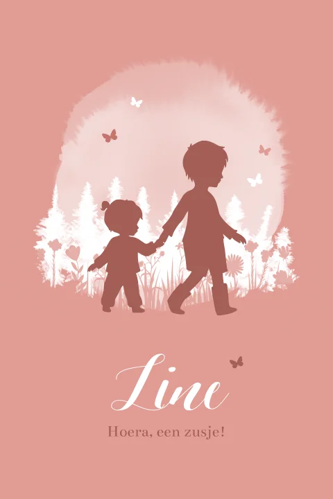 Silhouet geboortekaartje grote broer met zusje en roze vlinders