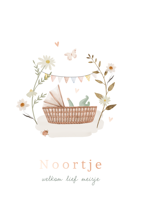 Geboortekaartje met wiegje tussen bloemen en rosegoudfolie