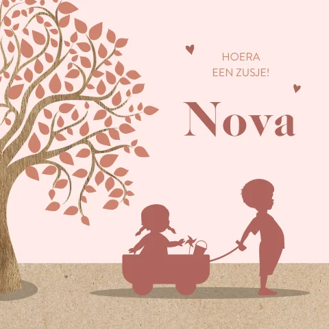 Silhouet geboortekaartje 2e kind met grote broer en zusje bij boom