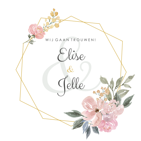 Romantische trouwkaart met bloemen en okergele zeshoek