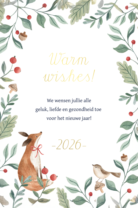 Lieve kerstkaart met vos en vogel in winterse bladeren