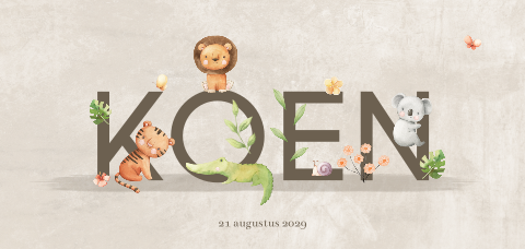 Jungle geboortekaartje letters naam omgeven door dieren