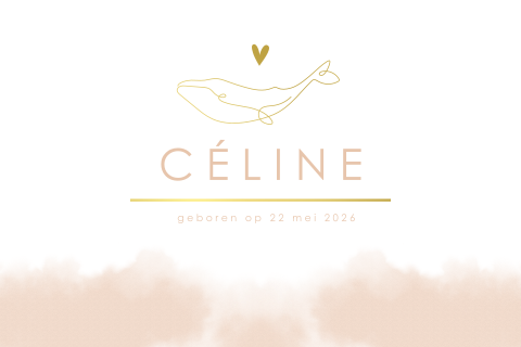 Hip geboortekaartje met oneline walvis in goudfolie voor meisje