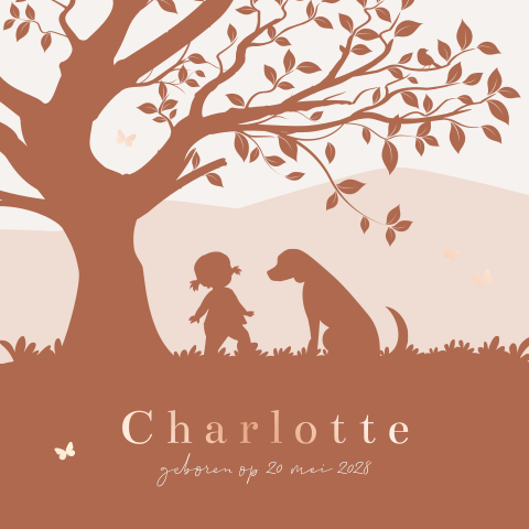 Silhouet geboortekaartje met meisje en hond onder boom