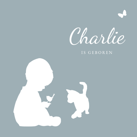 Geboortekaartje silhouette jongetje met vogel en kat