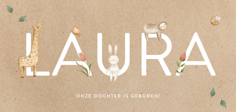 Dieren geboortekaartje meisje met giraf konijn leeuw en vlinder