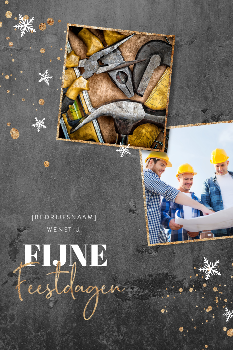Zwarte kerstkaart met betonlook en foto's uit de bouw