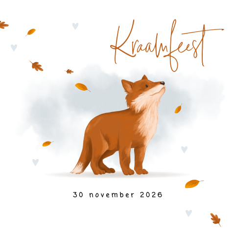 Herfst kraamkaartje met vos en blauwe waterverf