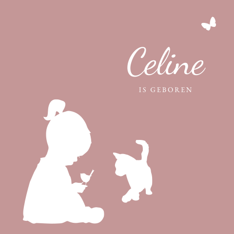 Geboortekaartje silhouette meisje met kat en vogel