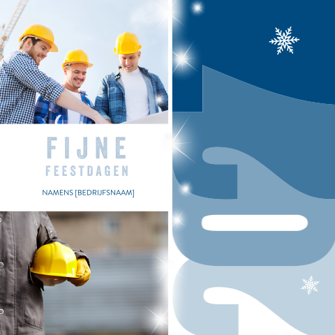 Blauwe kerstkaart met foto's bouw en 2027