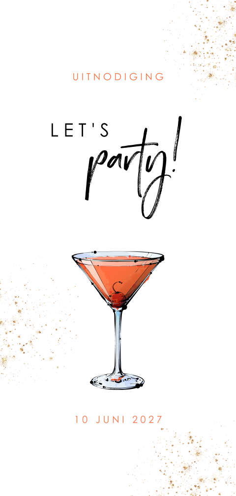 Uitnodiging met cocktail en goudkleurige spetters