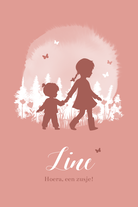 Silhouet geboortekaartje zusjes en roze vlinders