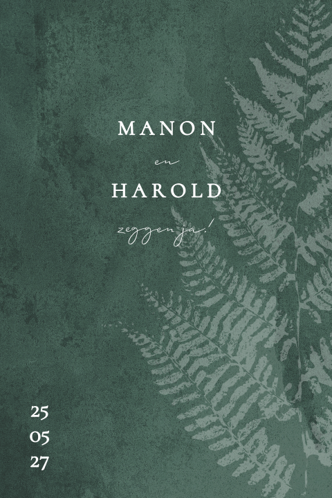 Stoere donkergroene trouwkaart met varen