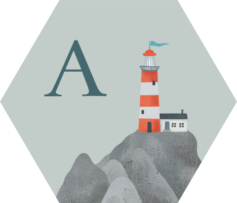 Blauwe hexagon sticker met vuurtoren en initiaal