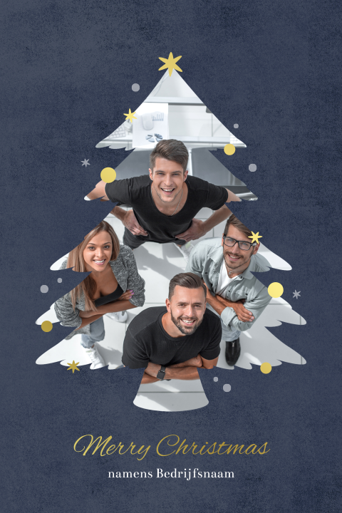 Blauwe kerstkaart met foto in kerstboom en goudfolie