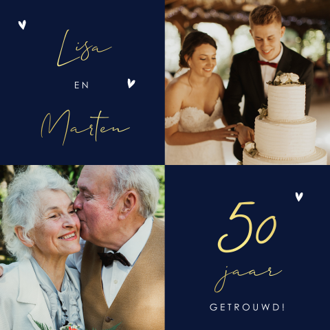Donkerblauwe uitnodiging met foto's 50 jarig huwelijk jubileum