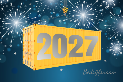 Zilverfolie kerstkaart met container en vuurwerk