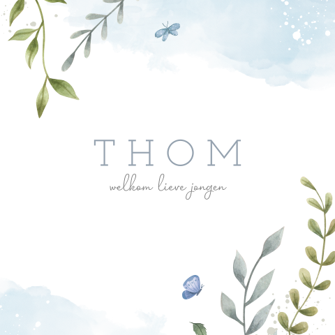 Geboortekaartje jongen met bladeren van waterverf en vlinders