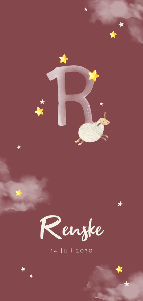 Donkerroze geboortekaartje initiaal met schaapje en sterren