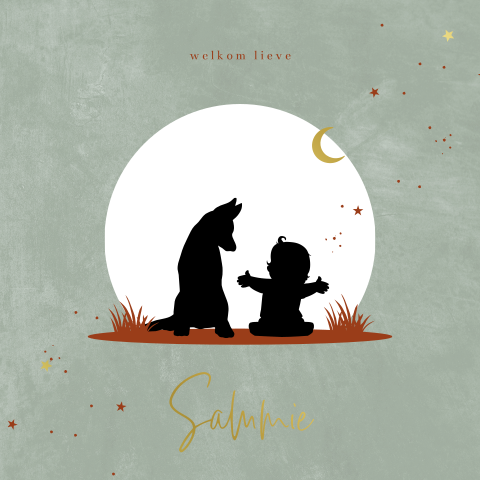 Groen geboortekaartje met silhouet baby en hond