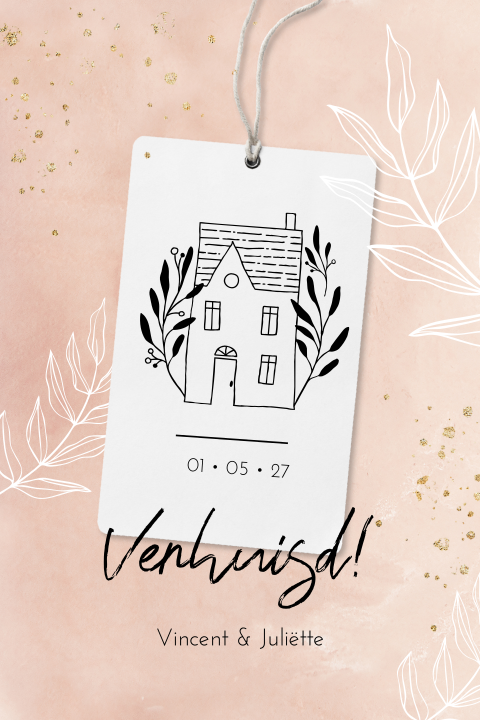 Hippe verhuiskaart met label met huisje erop