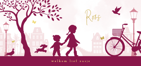 Hollands geboortekaartje met grote zus en zusje in stad