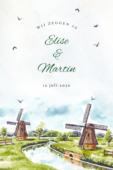 Romantische trouwkaart met molens in aquarelstijl