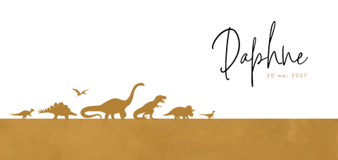Okergeel geboortekaartje met silhouetjes van diverse dinosaurussen