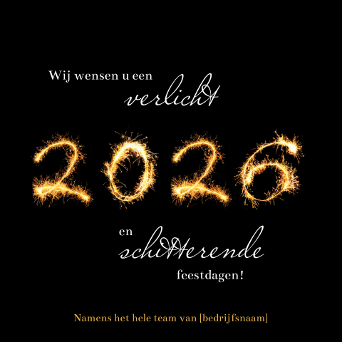 Zwarte kerstkaart met 2026 in vuurwerk
