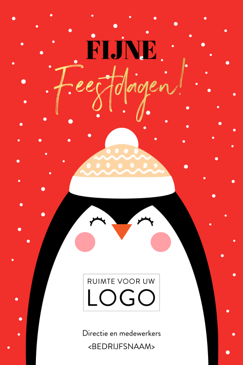 Kerstkaart met sneeuw, pinguin en logo