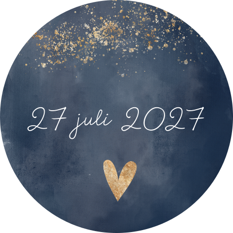 Blauwe sluitsticker met hartje, spetters en trouwdatum