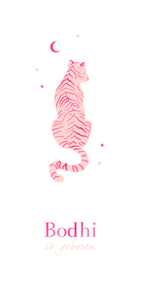 Trendy geboortekaartje met roze tijger en maantje