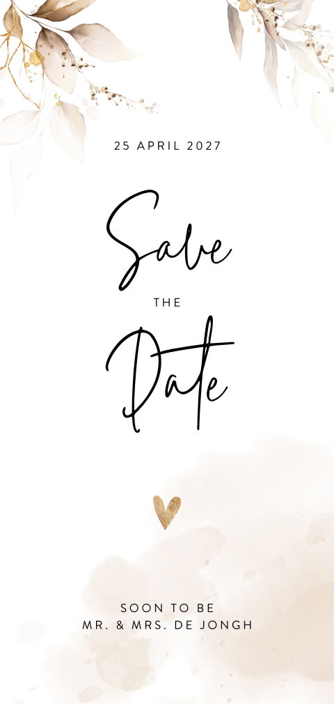 Save the date kaart met beige bladeren en goudkleurige spetters