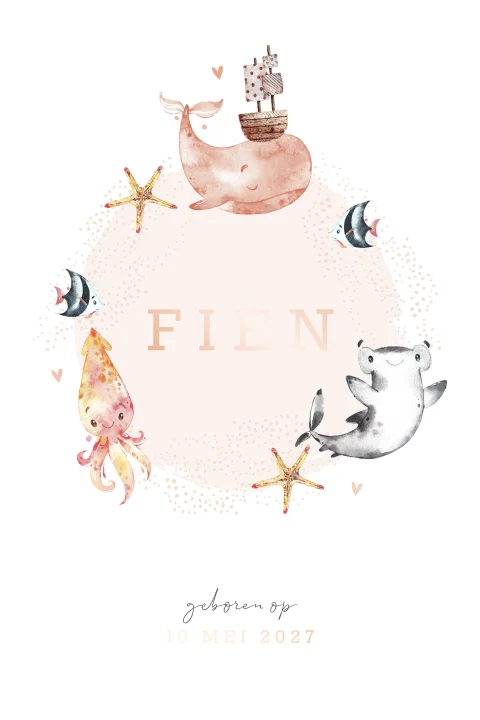 Geboortekaartje met zeediertjes en naam in rosegoud