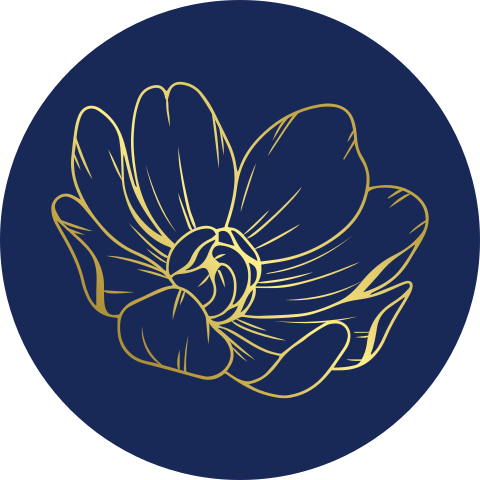 Donkerblauwe sticker met goudfolie getekende bloem