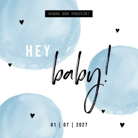 Uitnodiging babyshower met blauwe waterverf stippen en hartjes