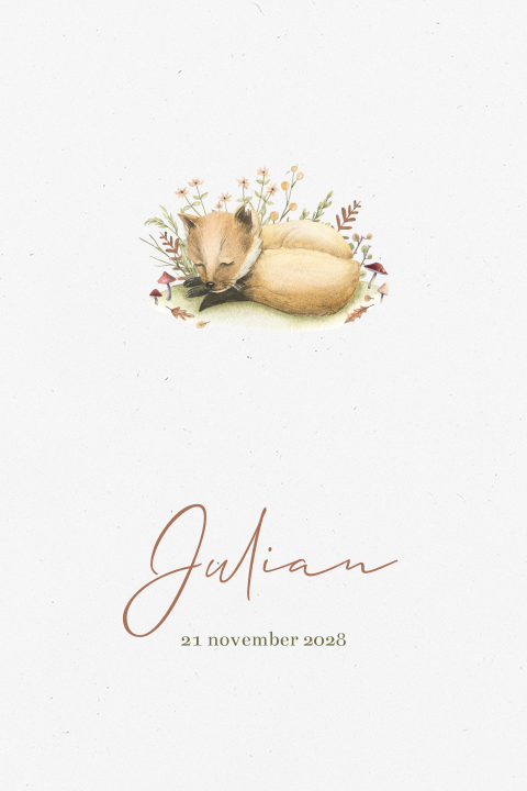 Herfst geboortekaartje jongen met lief vosje op eco papier