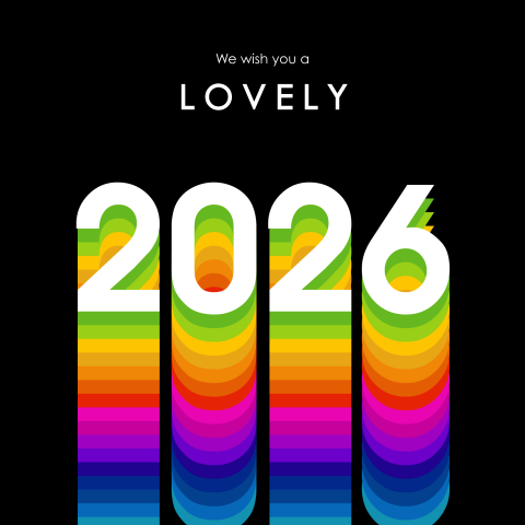 Kerstkaart met 2026 in alle kleuren van de regenboog