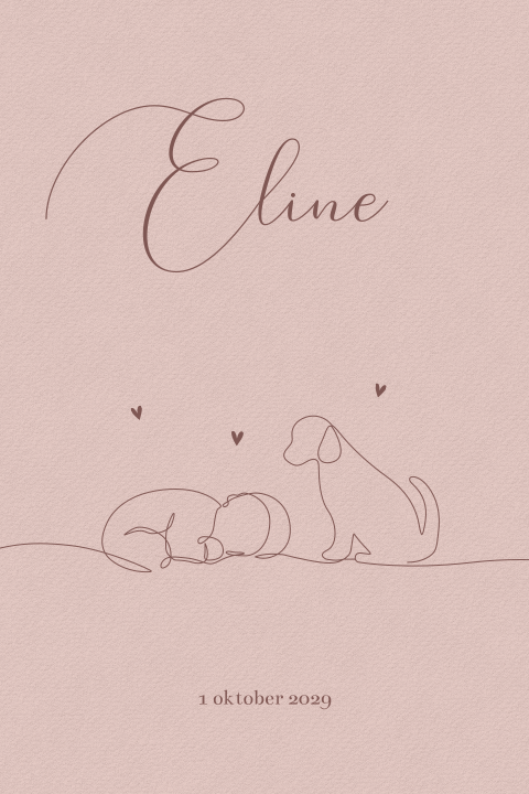 Roze geboortekaartje meisje met hond in oneline
