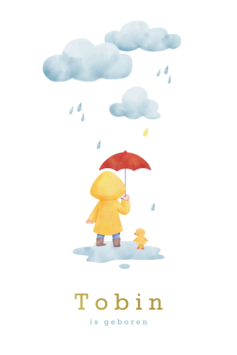 Geboortekaartje met kindje in de regen met paraplu en eendje