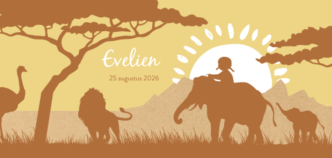 Geboortekaartje meisje op olifant op de savanne met leeuw en zon