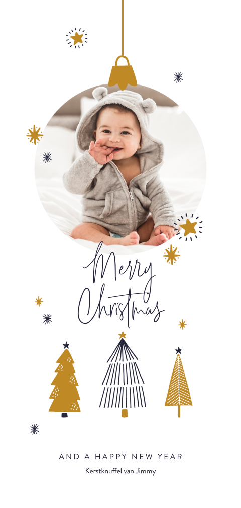 Grafische kerstkaart met foto baby in kerstbal