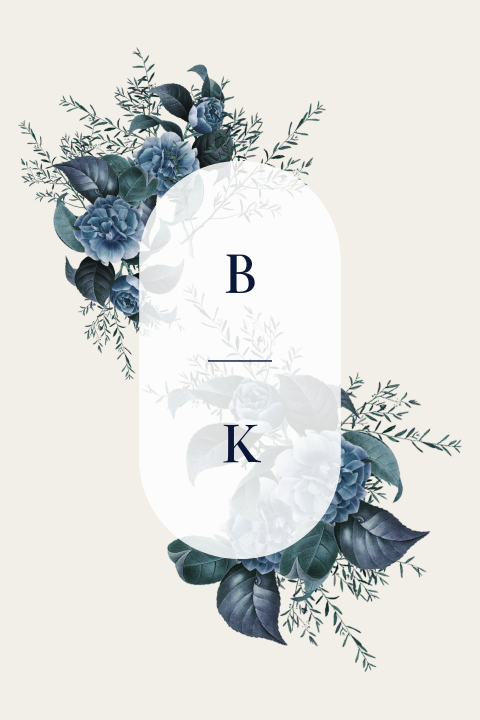 Trouwkaart met blauwe bloemen en initialen