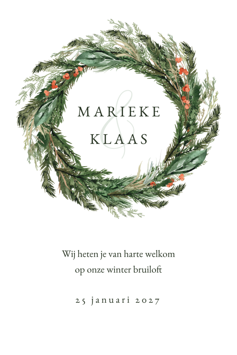 Winter trouwkaart met geschilderde krans