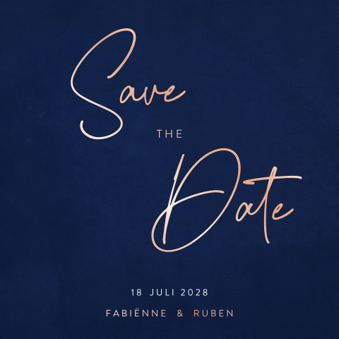 Donkerblauwe save the date kaart met rosegoudfolie